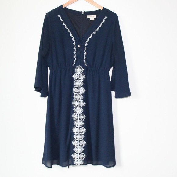 Ariat Dresses & Skirts - Ariat Embroidered Peasant Dress Navy Blue White Chiffon Overlay Large H13031